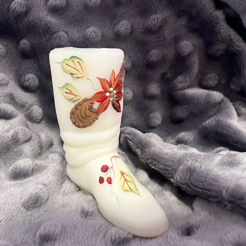 Fenton Art Glass Hand Painted Boot Poinsettia Leaf Signed J Powell 3"
